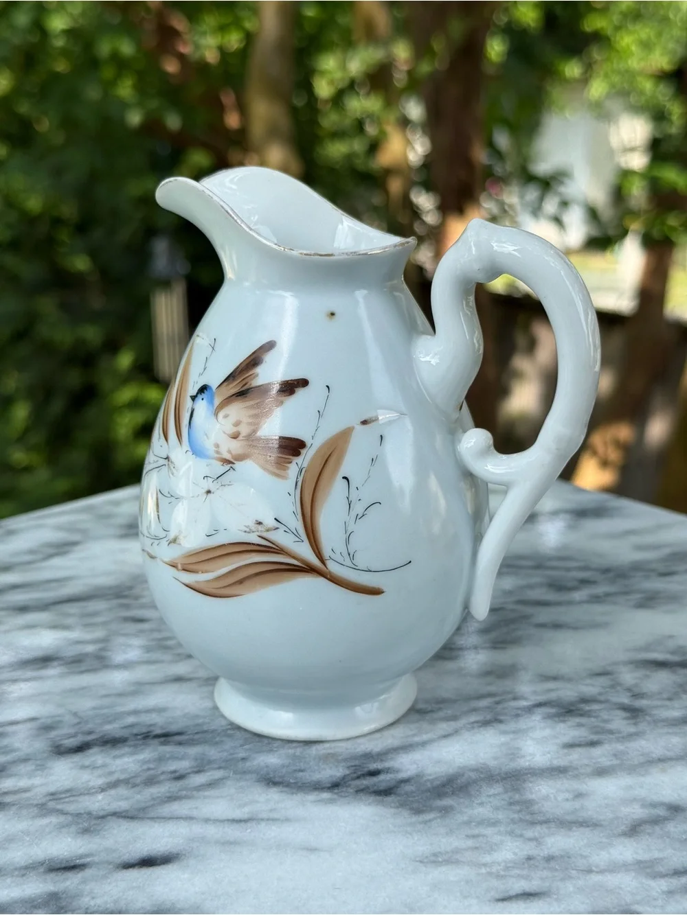 Rare Antique Porcelain Bluebird Pitcher for creamer, gravy, syrup - unmarked